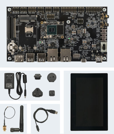 Evaluation kit for the UCM-iMX8M-Plus SoM: carrier board, optional display & LTE modem